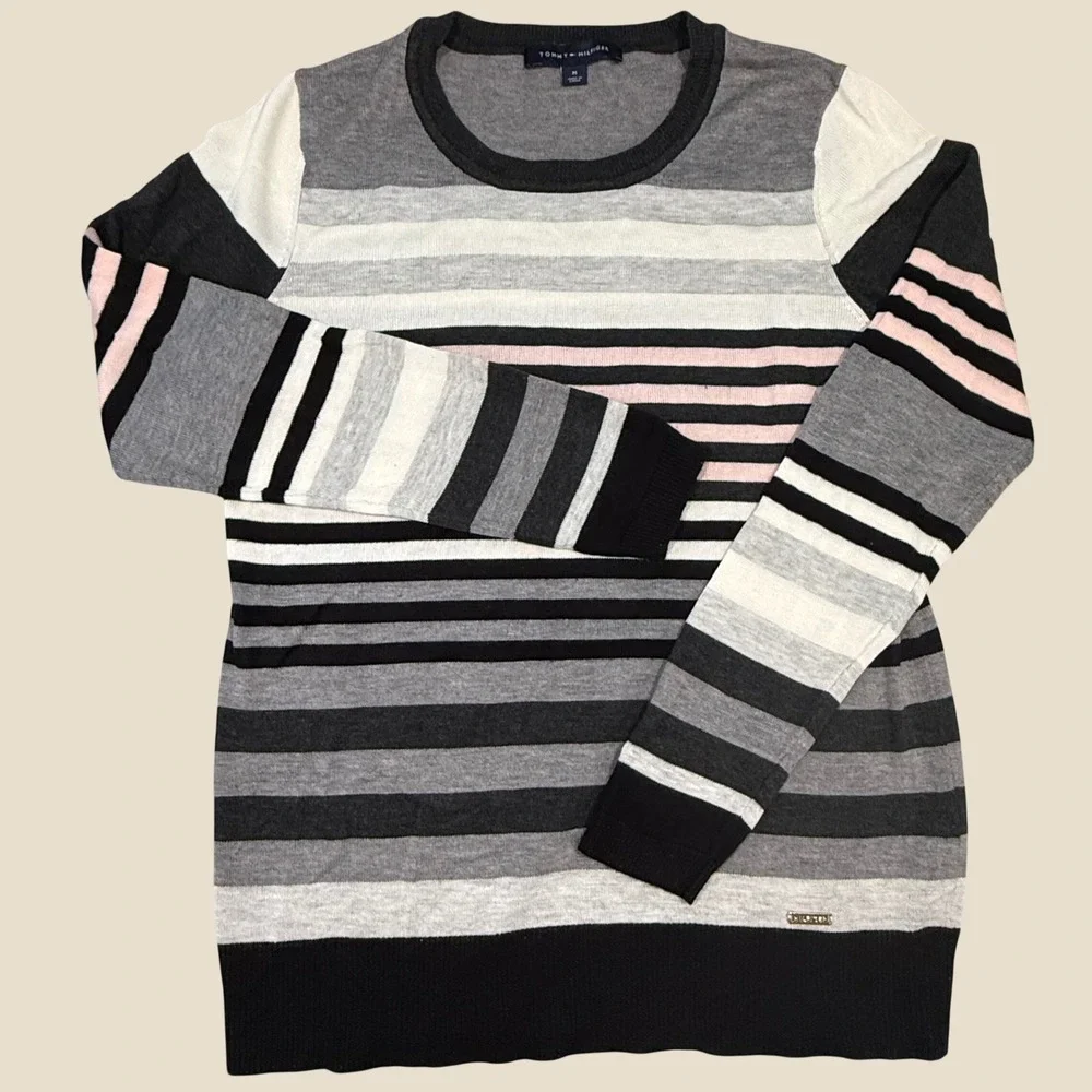 Tommy Hilfiger Womens Striped Crewneck Sweater Grey Black Pink Size M
